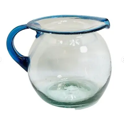 VTG Mexican HandBlown Pitcher Art Glass Aqua Blue Flat Rim Applied Handle Jug • $23.99