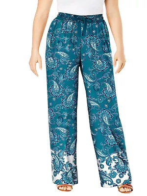 Roamans Wide Leg Trousers Turquoise PAISLEY Print Szs 16 18 20 22 24 26 28 30 32 • £19.95