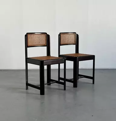 Pair Of Mid-Century Modern Stained Beechwood And Wicker Cane Dining Chairs 60s • £369.97