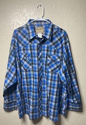 Wrangler Western Shirt Mens Size 3XL Pearl Snap Blue Plaid Long Sleeve Button • $17.95