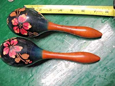 Vintage    Spanish  Maracas  Turned  Wood Carved  Painted  Flowers Super • $24
