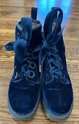 Dr. Martens Boots Women Sz 9 Grace Blue Velvet Combat Ribbon Lace Up • $160