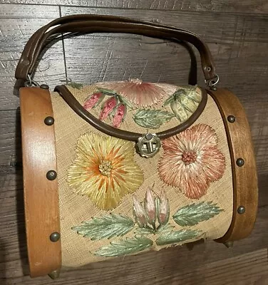 Vintage 1950s Floral Wooden Fabric Embroidered Straw Barrel Handbag • $12