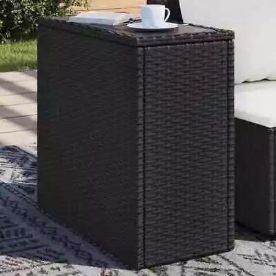 Garden Side Table With Glass Top Outdoor Dining Black Poly Rattan VidaXL • £43.99