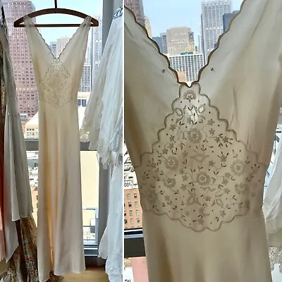 1940s Silk Bridal Nightgown Embroidered - Vintage Silk Bridal Nightgown - S • $325