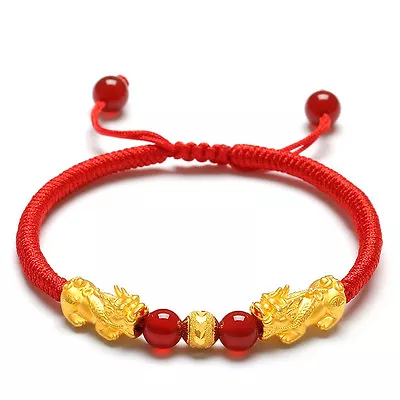 New Real 24K Yellow Gold Bracelet Woman's 3D 14*6mm Lucky Pixiu Link 6*6mm Bead • £176.51