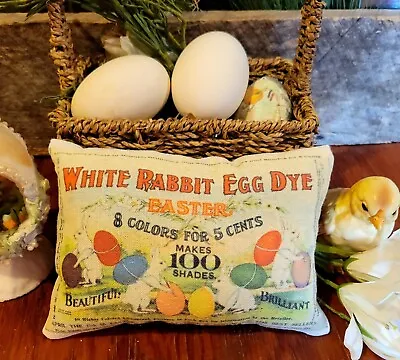 Primitive Farmhouse Easter Bunny White Rabbit Egg Dye Tuck Pillow Vintage • $13.95