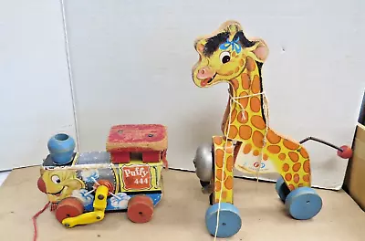 VINTAGE 50's FISHER PRICE WOOD TOYS JINGLE GIRAFFE & PUFFY 444 TRAIN WOODEN • $29.99