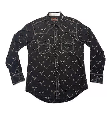 Rock & Roll Cowboy Longhorn All Over Print Pearl Snap Western Shirt Black Mens M • $27.99