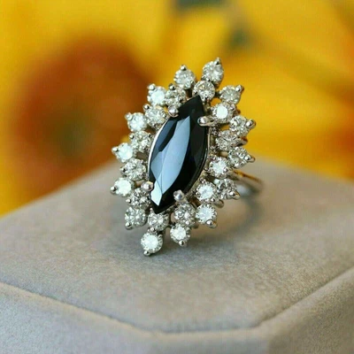 $188.71 • Buy 3Ct Marquise-Cut Simulated Black Diamond Halo Wedding Ring 14k White Gold Plated