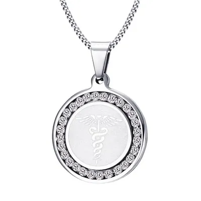 Silver Women Men Medical Alert ID Necklace Pendant Cubic Zirconia Free Engraving • $10.39