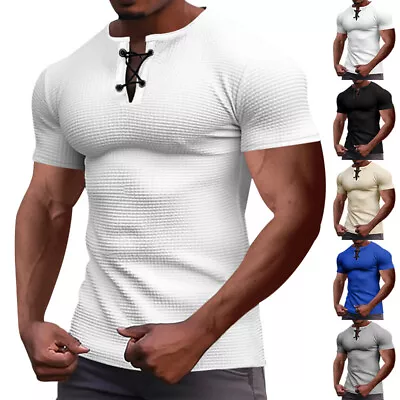 Men Slim Fit Short Sleeve T-Shirt Button Tees Blouse Gym Muscle Tops Activewear • £6.59