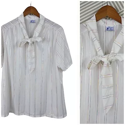 Vintage 80s Size XL/1X Shirt Top Secretary White Rainbow Stripe Pussy Bow Tie • $23.19