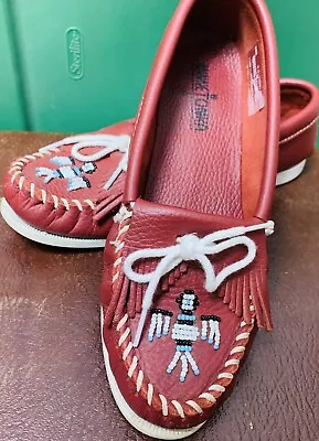 Minnetonka Red Thunderbird Leather Moccasins SZ 9.5 Slip On Beaded Aztec SW 90s • $28.99