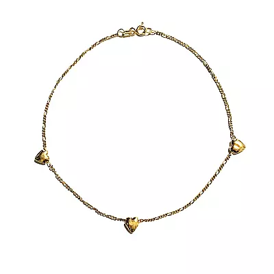 VTG 14K Yellow Gold Figaro 3 Heart Ankle Bracelet ITALY 9.5  [almost 0.1 Ounce] • $49.99