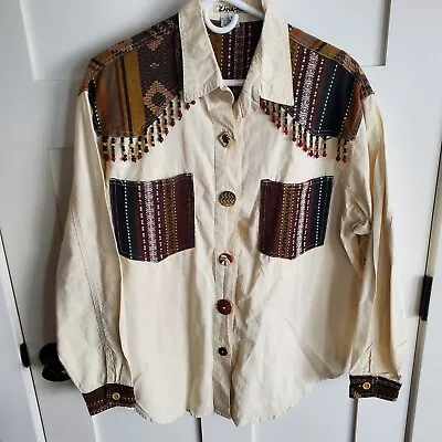 Vintage Western Womens Shirt Size 18 90s Embroidered Beaded Ivory Brown Cowgirl • $34.98