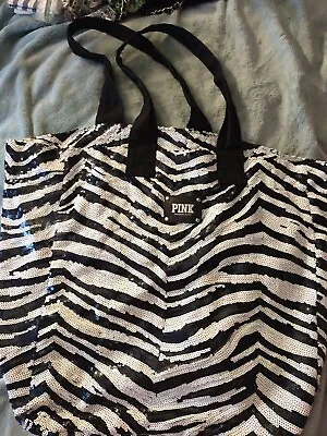 PINK Victoria's Secret Sequin Bling Large Bag Tote Animal Print Black/White • $4.99
