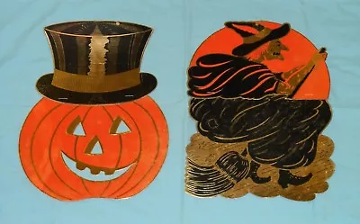 Vintage HALLOWEEN DECORATIONS GOLD TRIM Jack-o-lantern/top Hat &witch/broomstick • $30