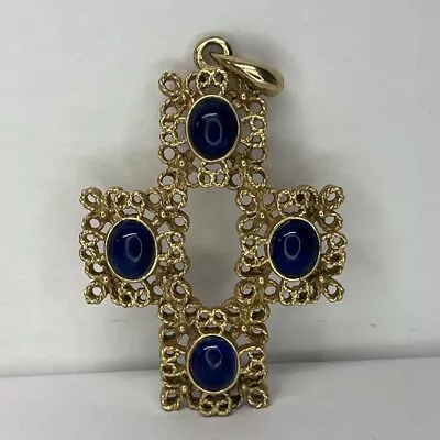 Sarah Coventry Maltese Cross Pendant Gold Tone Blue Cabochon Vintage 70s • $15