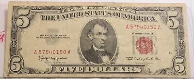 1963 $5 Dollar Red Seal Note Free Shipping  • $21.82