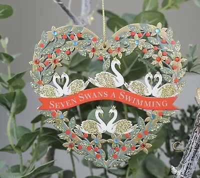 £5.99 • Buy Gisela Graham Christmas Wood Seven Swans A Swimming Heart Decoration