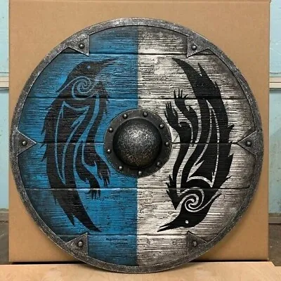 Wooden Viking Shield Medieval Battle Warrior Shield Round Armar Wolf Warrior • £21.60