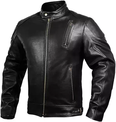 Leather Motorcycle Jacket With Armor For Men Cafe Racer Genuine Leather Jacket  • $85.99