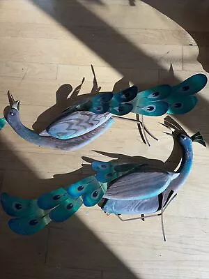 RARE 2 Pc Mid Century Wood Metal Wall Art Peacocks Masketeers Inc 1965 • $229