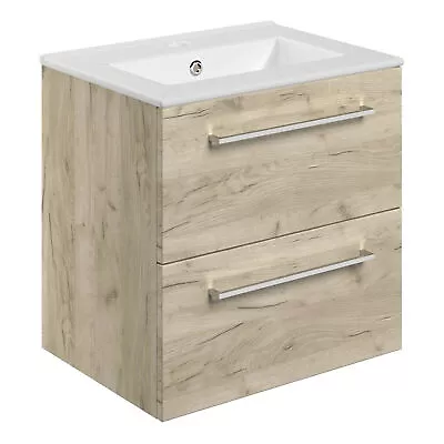 Signature Aalborg Wall Hung 2-Drawer Vanity Unit With Basin 510mm Wide - Oak • £298.95