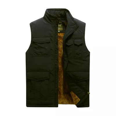 Mens Multi Pocket Plush Vest Outdoor Thickened Warm Cotton Vest Plus Size • £30.12