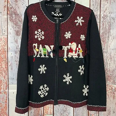 Vintage All Points Christmas Santa Sweater Womens XL Navy Blue Red Full Zip Ugly • $9.74