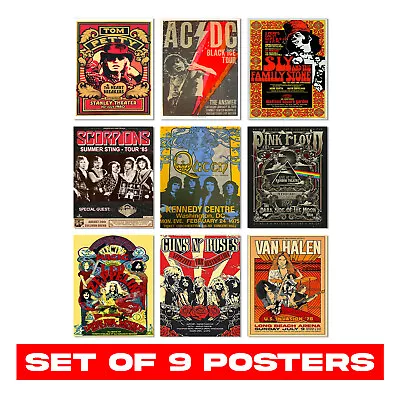 Vintage Rock Band Posters Set Of 9 - 70S 80S 90S Retro Music Room Wall Decor • £29.99