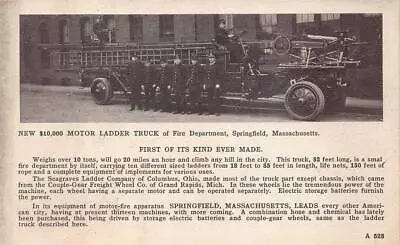 $10000 MOTOR LADDER FIRE TRUCK SPRINGFIELD MASSACHUSETTS POSTCARD (c. 1915) • $9.95