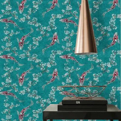 £26.99 • Buy Asian Fusion Koi AS Creation Wallpaper Teal 37462-3 Japanese Fish Cherry Flowers