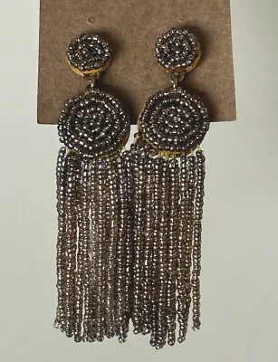 J.Crew Tassel Earrings Bronze Gold Tone Glass Beads Leather Back Pierced 3-1/4  • $14.95