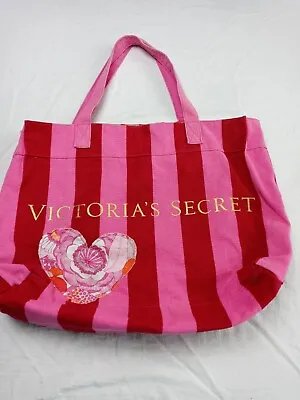 Victorias Secret Canvas Tote Bag Pink Red Lines Short Shoulder Floral Heart. • $11.39