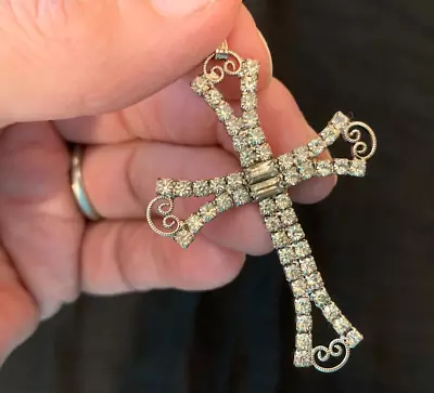 Rhinestone Cross Pendant Vintage Costume Jewelry 2-1/8  • $12