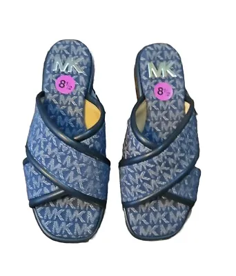 Michael Kors Gideon Denim Logo Jacquard Slide Sandals 8.5 NWOB • $48.99