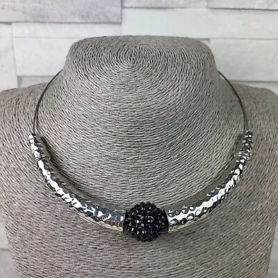 Statement Choker Necklace Hammered Silver Metal Black Bead Modernist Jewellery  • £9.50