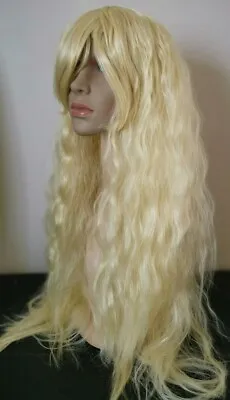 Blonde Curly Wavy Frizzy Fringe Very Long Hair Wig Fancy Dress Cosplay Free Cap • £4.95