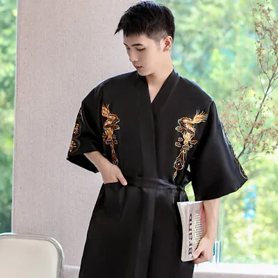 New Mens Royal Black Satin Chinese Dragons Bathrobe Gown Mrobe22 • $36.50