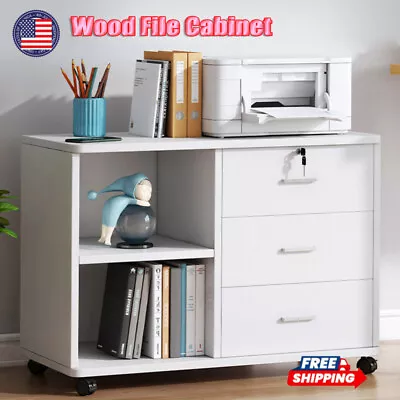 Wood Lateral File Cabinet Lockable Printer Stand 3 Drawer Rolling Open Organizer • $29.12