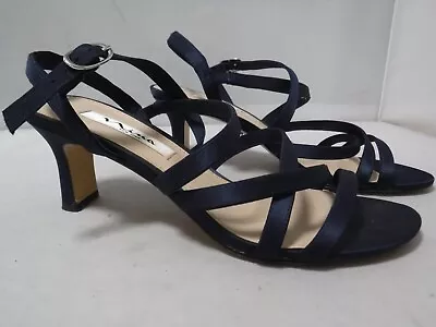 GA16 Women's NINA Navy Blue Satin Strappy Buckle Fabric Straps Heels Sandals 10 • $19.99