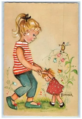 Artist Signed Postcard Little Girl Playing Doll Dancing Flower C1930's Vintage • $9.72