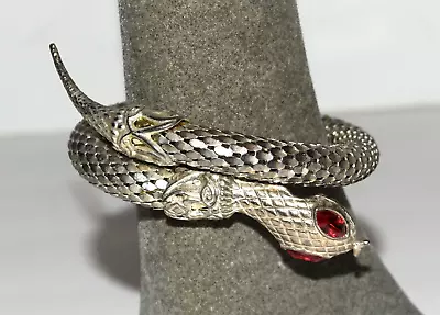 Vintage Red Eyed Snake Serpent Coil Mesh Silver Tone Wrap Bracelet • $39.99