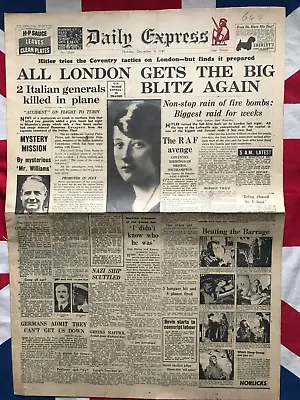 Original December 9 1940 WW2 Newspaper London Bomb Blitz Nurse Edith Cavell • £20