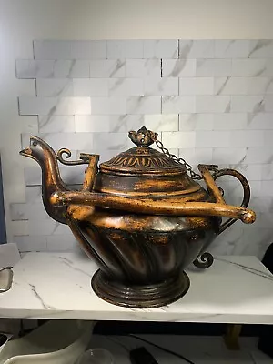 Antique Metal Large Teapot With Lid Attached By Chain Decorative Pot 12”x11” • £53.08