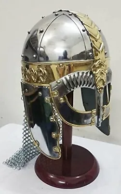 Medieval Armor Viking Mask Helmet With Chainmail With Wooden Stand X-mas Gift • $85