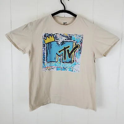 MTV Shirt Mens Large Beige Graphic Crew Neck Short Sleeve Stretch Pullover • $7.05