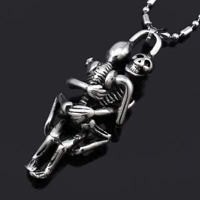 Double Skull Necklace Men Stainless Steel Chain Cross Wild Black Jewelry Pendant • $7.79